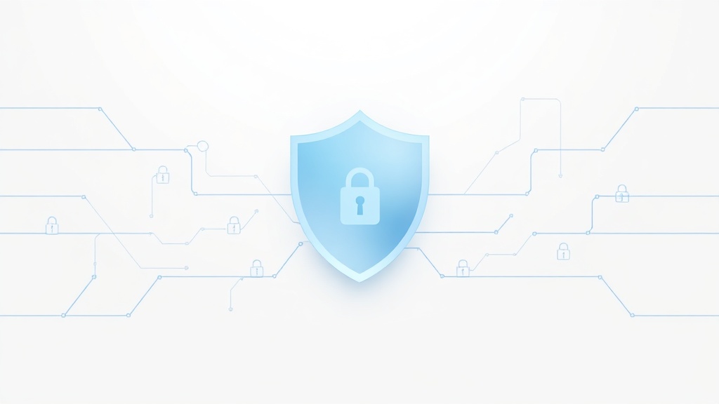 生成AI導入時のセキュリティ対策を表現した青色の盾アイコンと鍵マークが配置されたデジタルセキュリティのイメージ図