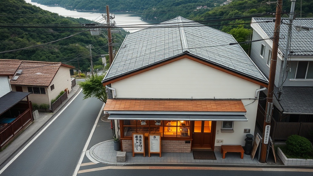 四国の山間部に佇む小さな日本料理店の夕暮れ風景、温かい店内照明が印象的な地域密着型飲食店