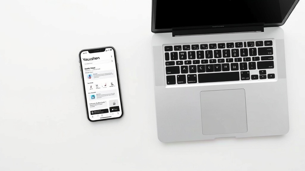 スマートフォンとノートパソコンが並べて置かれた白いデスク、モバイル対応サイトの表示画面
