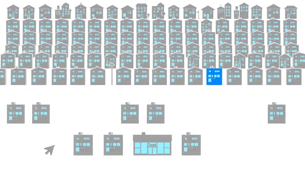 中小企業のAI導入率を表すイラスト。多数のグレーの建物の中で青い建物が5%程度光り、導入格差を視覚化