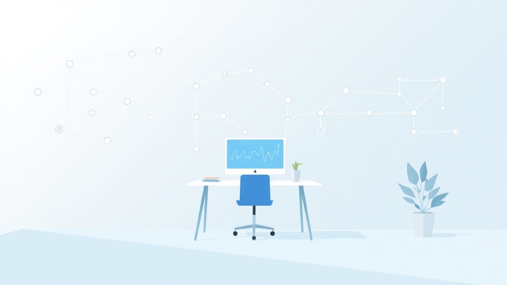 AIとデジタル変革を表現したミニマルなオフィス環境のイラスト。デスクトップコンピューターとグラフが表示された画面