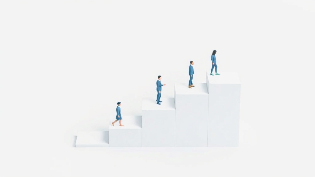 5段階のステップを表現する白い階段状のプラットフォームを登る人物のイラスト