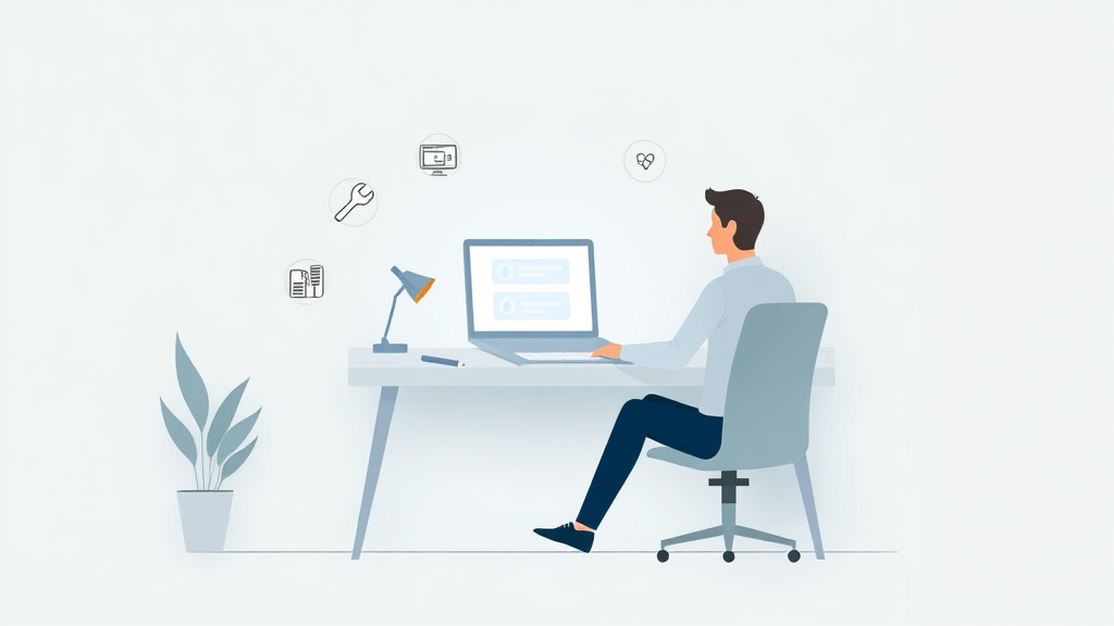 ノートパソコンで作業するビジネスマンと周囲に浮かぶ様々な業界アイコンのイラスト