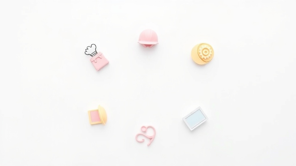 業種別ChatGPTプロンプトテンプレートを表現する7つのパステルカラーのアイコン配置